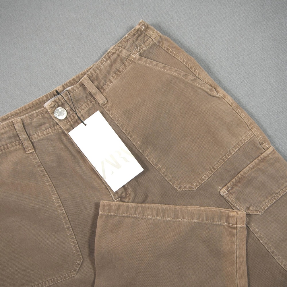 Zara High Rise Straight Leg Cargo Women Pants 6 Baker Pocket Canvas Utility Work